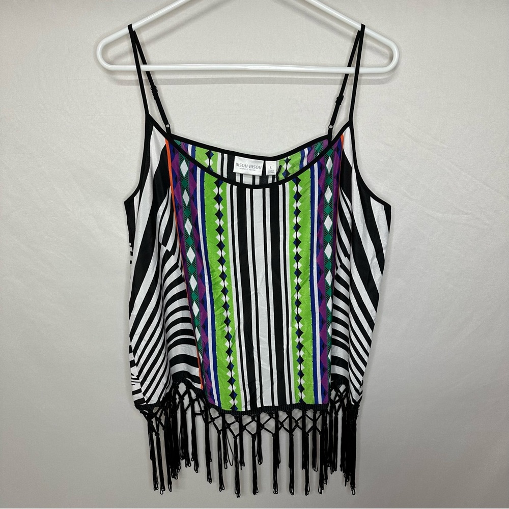 Bisou Bisou Black Fringed Camisole Top Multi Color Women’s Size Large